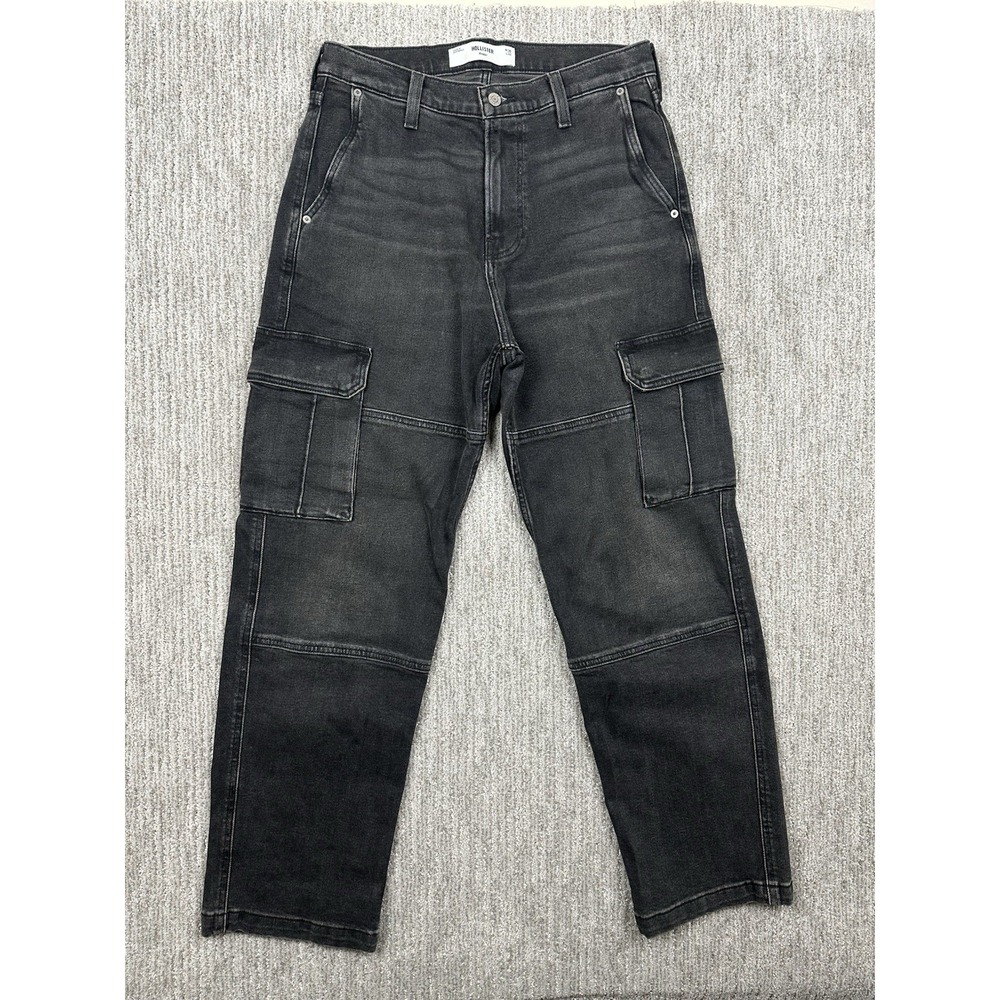 Hollister Baggy Cargo Jeans Mens 30x32 (fits 32x31) Black Denim Wide Leg Utility